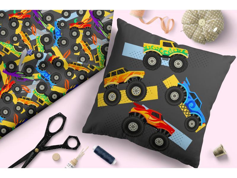 Design 137 Grey Monster Truck Fabric – premium custom printed fabric for sewing | Fabric by Missy Rose