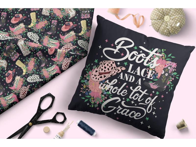 Design 163 Black Cowgirl Boots Fabric – pre-order designer fabric Australia | Fabric by Missy Rose