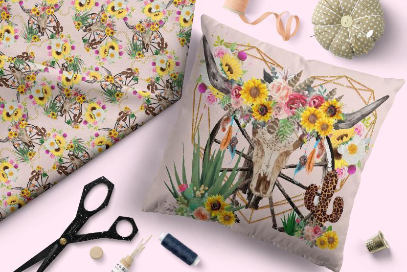 Design 226 Floral Bull Skull Fabric – pre-order designer fabric Australia | Fabric by Missy Rose