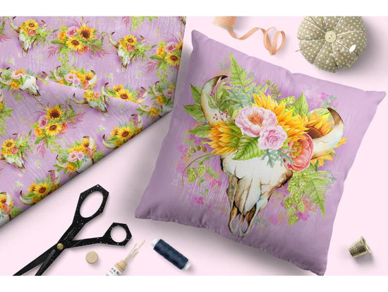 Design 322 - Pink Sunflower Bull Skull Fabric