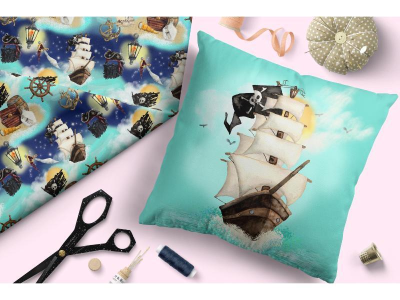 Design 5 Pirate Ship Fabric – custom printed pre-order fabric Australia | Fabric by Missy Rose