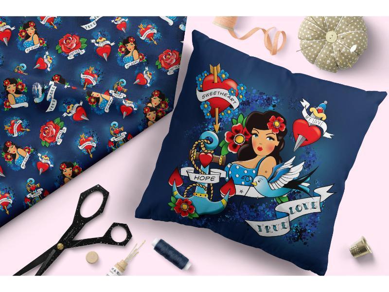 Design 90 Navy Tattoo Fabric – Australian custom printed fabric pre-order | Fabric by Missy Rose
