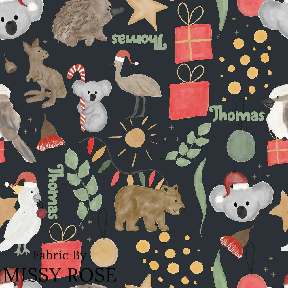 Customisable Name Fabric Aussie Christmas – pre-order designer fabric Australia | Fabric by Missy Rose