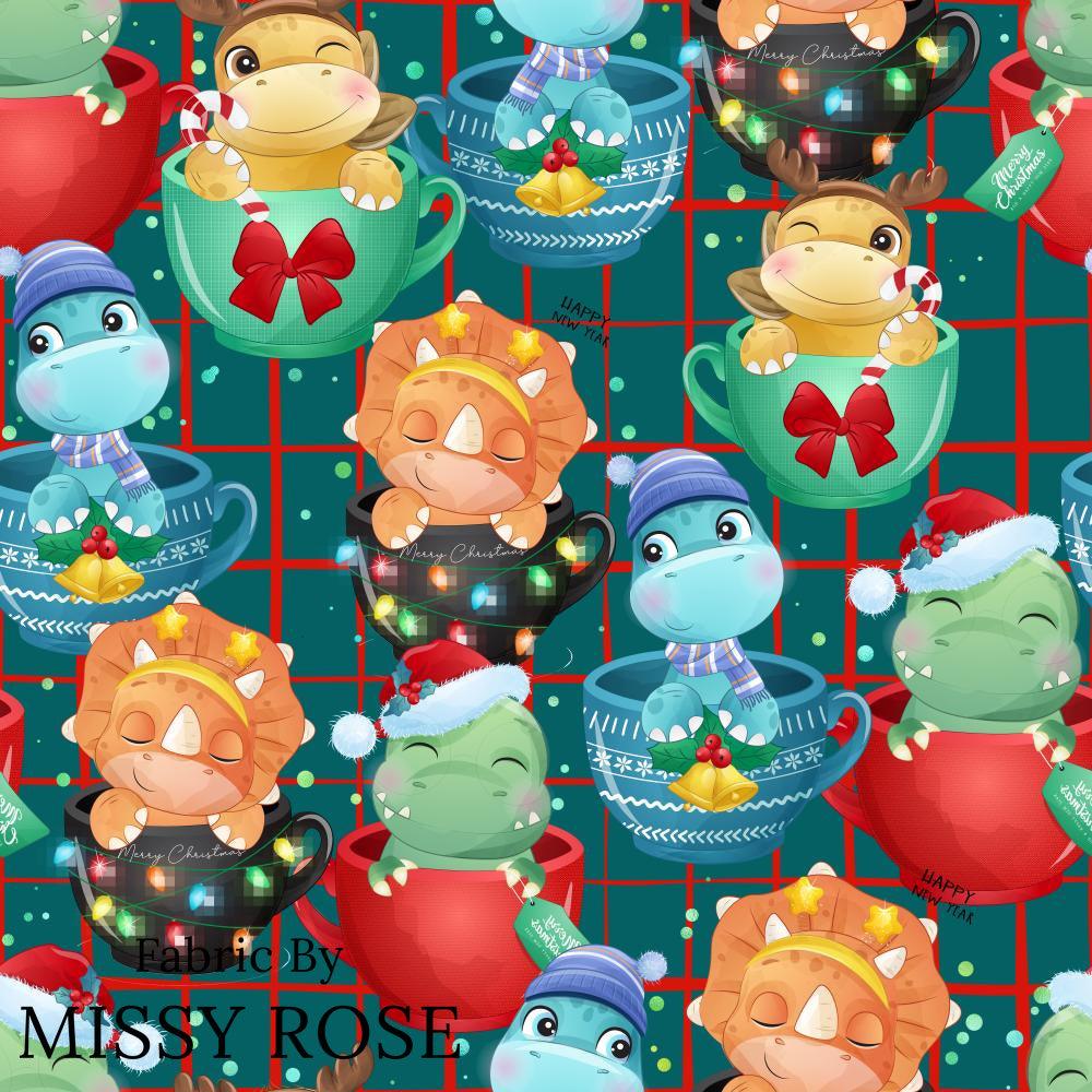 Christmas Design 159 Tea Dino Fabric – custom printed pre-order fabric Australia | Fabric by Missy Rose
