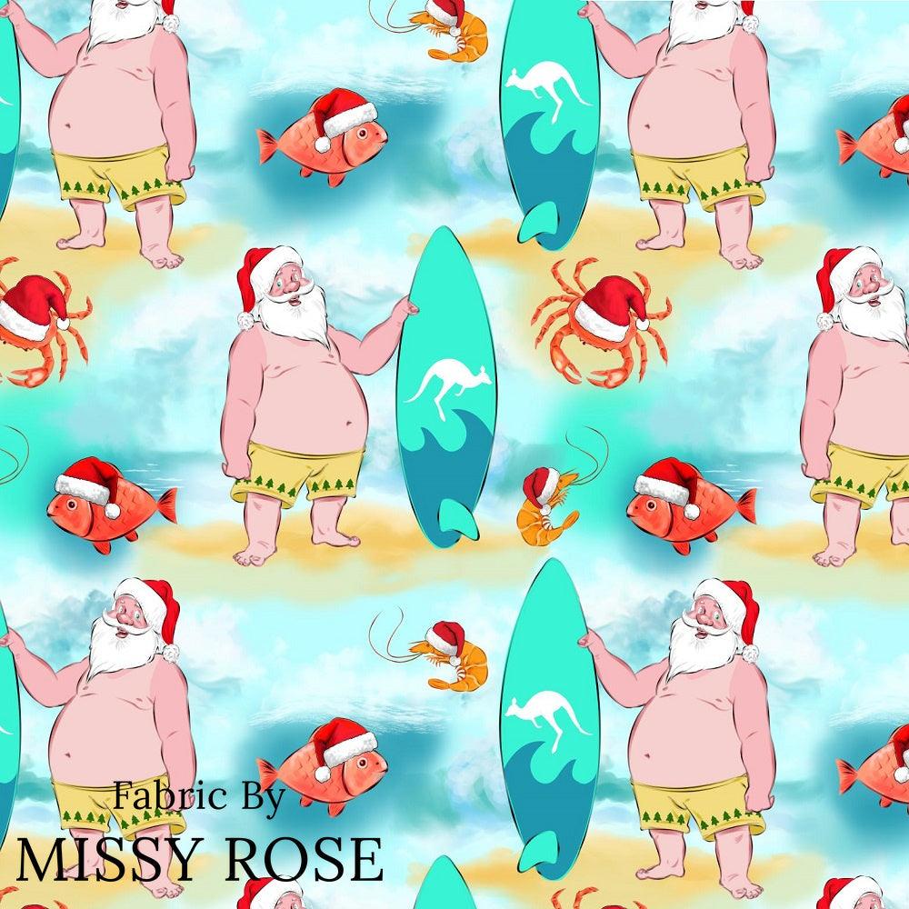 Christmas Design 202 Surfing Santa Fabric – pre-order designer fabric Australia | Fabric by Missy Rose