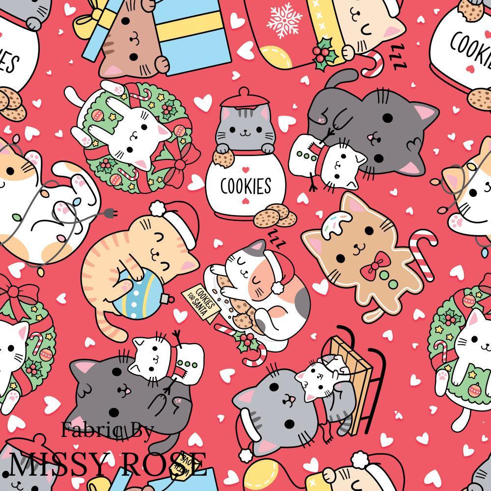 Christmas Design 60 Pink Cats Fabric – made-to-order custom fabric by the metre | Fabric by Missy Rose