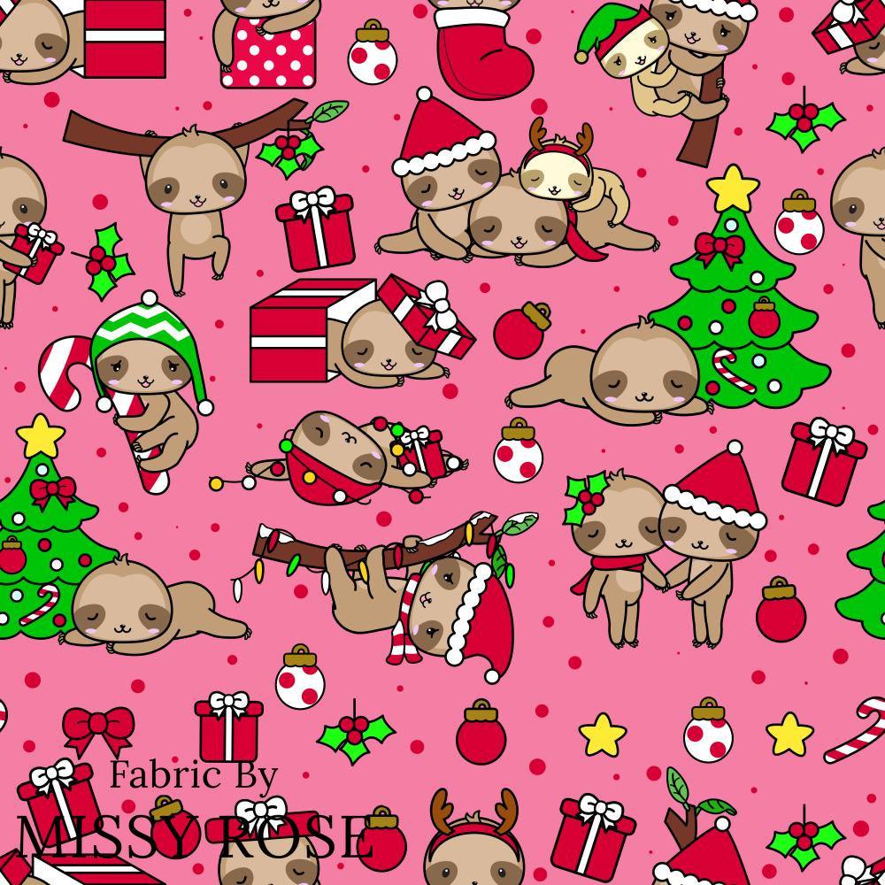 Christmas Design 62 Pink Sloth Fabric – custom printed pre-order fabric Australia | Fabric by Missy Rose