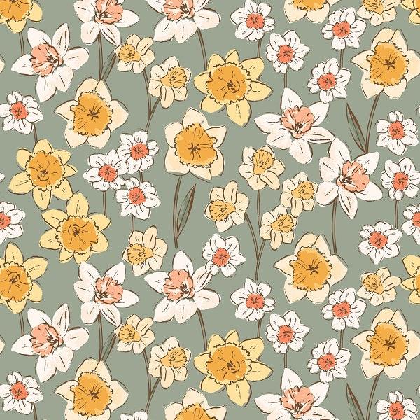 Indy Bloom Fabric Daffodil Fields Daffodil in Moss 02 – Australian custom printed fabric pre-order | Fabric by Missy Rose