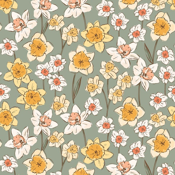 Indy Bloom Fabric - Daffodil Fields - Daffodil in Moss 02