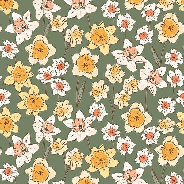 Indy Bloom Fabric Daffodil Fields Daffodil in Sage 04 – pre-order designer fabric Australia | Fabric by Missy Rose