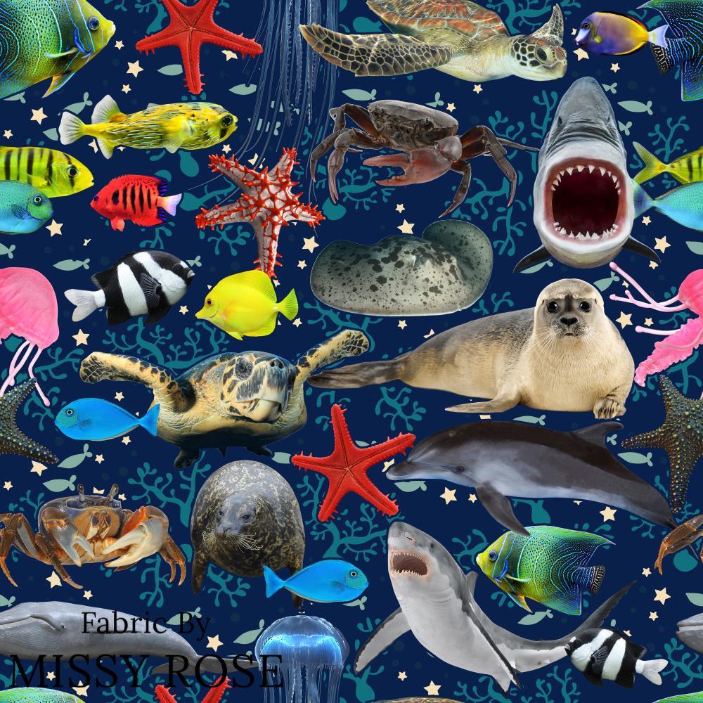 Design 1091 Navy Sea Animals Fabric – made-to-order custom fabric by the metre | Fabric by Missy Rose