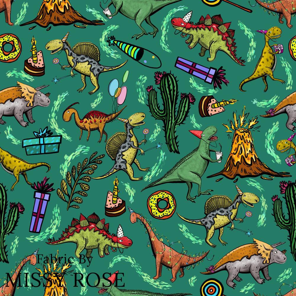 Design 177 Birthday Dinosaur Fabric – custom printed pre-order fabric Australia | Fabric by Missy Rose