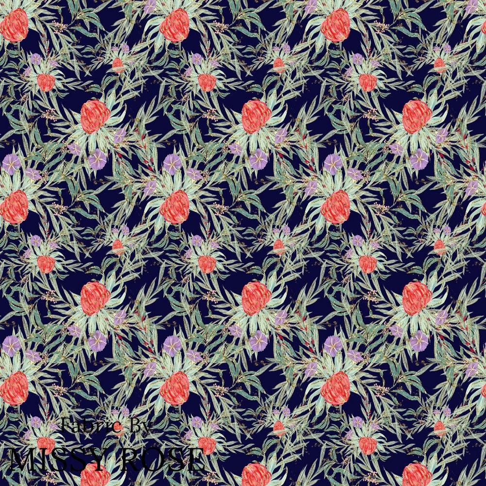 Design 250 Navy Australian Flowers Fabric – Australian custom printed fabric pre-order | Fabric by Missy Rose