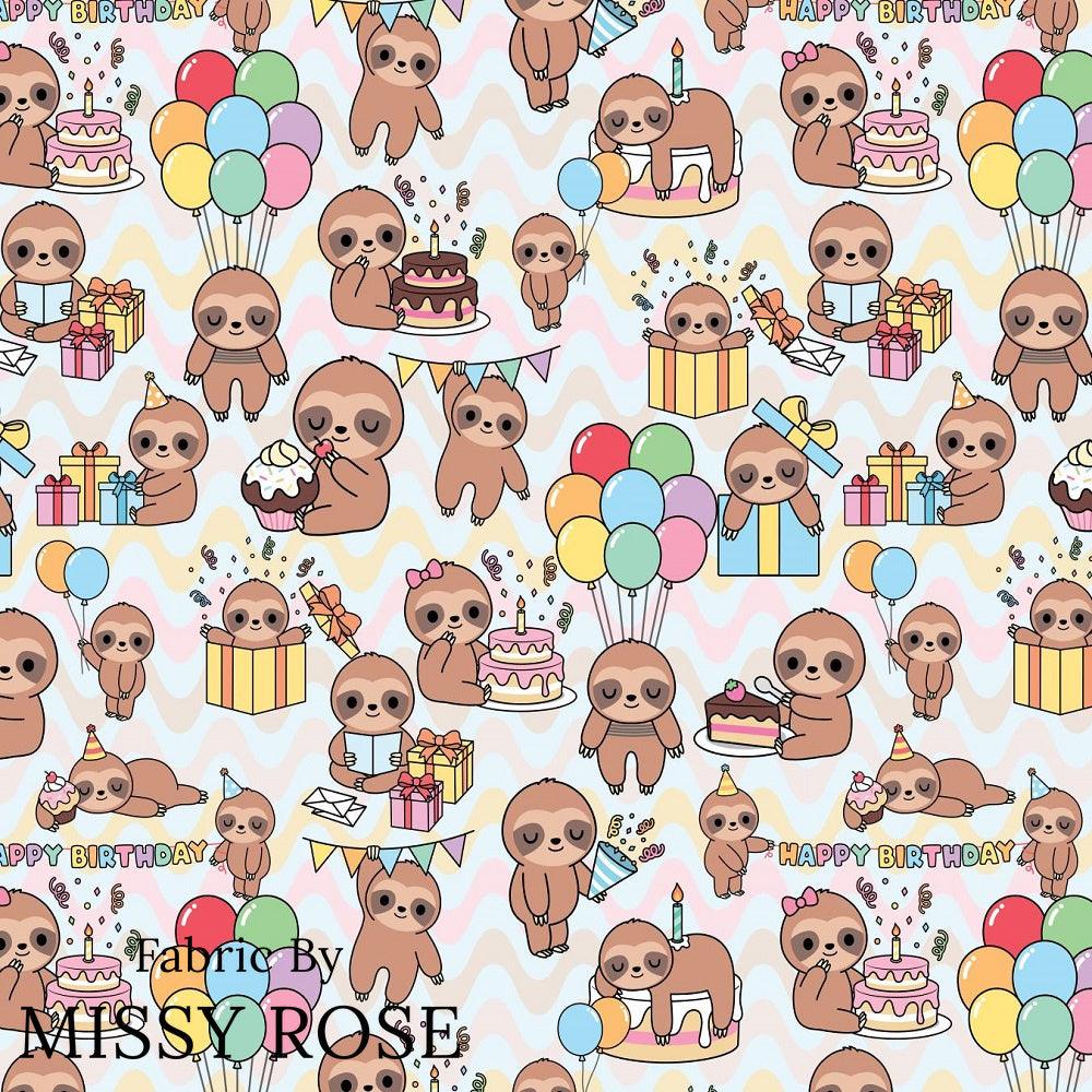 Design 27 Birthday Sloth Fabric – premium custom printed fabric for sewing | Fabric by Missy Rose