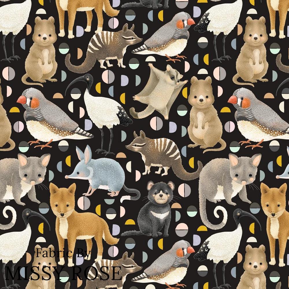 Design 292 Black Australian Animals Fabric – Australian custom printed fabric pre-order | Fabric by Missy Rose
