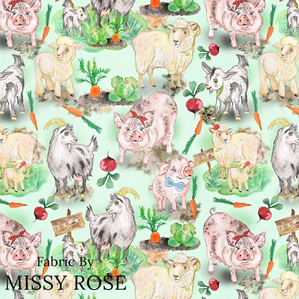 Design 333 Green Farm Animals Fabric – pre-order designer fabric Australia | Fabric by Missy Rose
