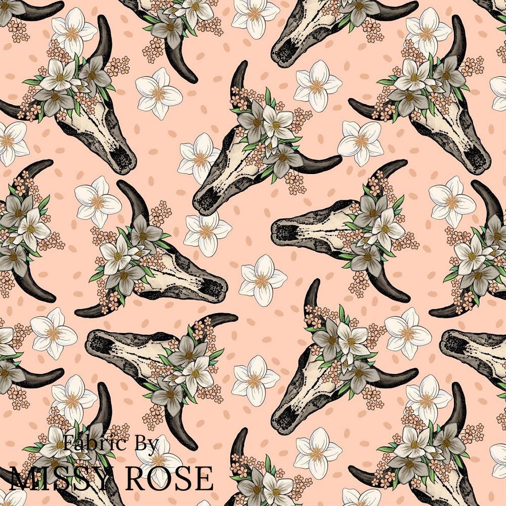 Design 37 Peach Cowskull Fabric – premium custom printed fabric for sewing | Fabric by Missy Rose