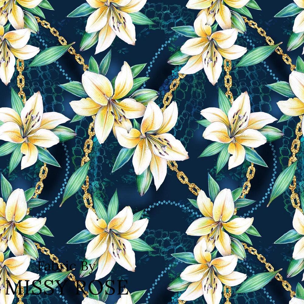 Design 400 Navy Lily Fabric – premium custom printed fabric for sewing | Fabric by Missy Rose