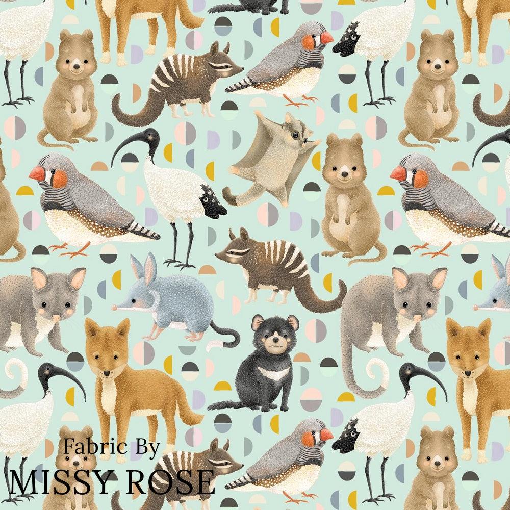 Design 401 Light Blue Australian Animals Fabric – custom printed pre-order fabric Australia | Fabric by Missy Rose
