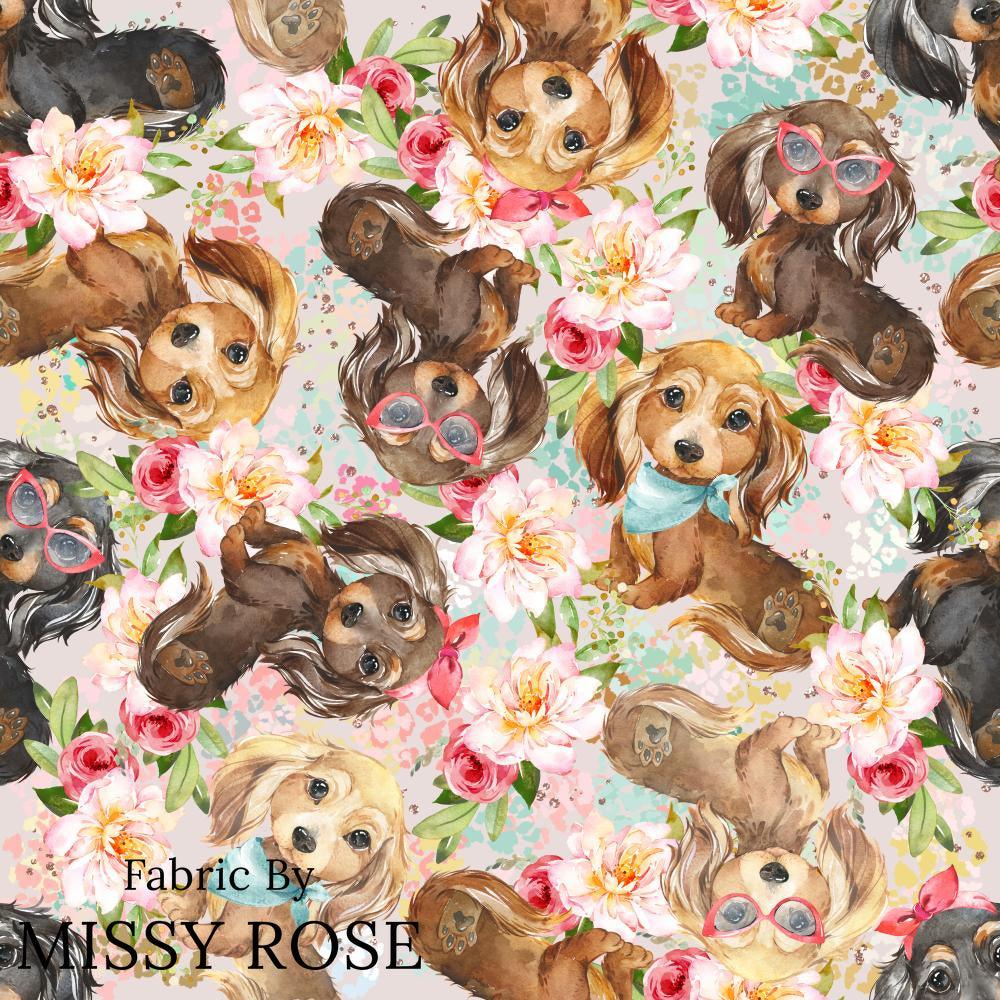 Design 451 Floral Sausage Dog Fabric – custom printed pre-order fabric Australia | Fabric by Missy Rose