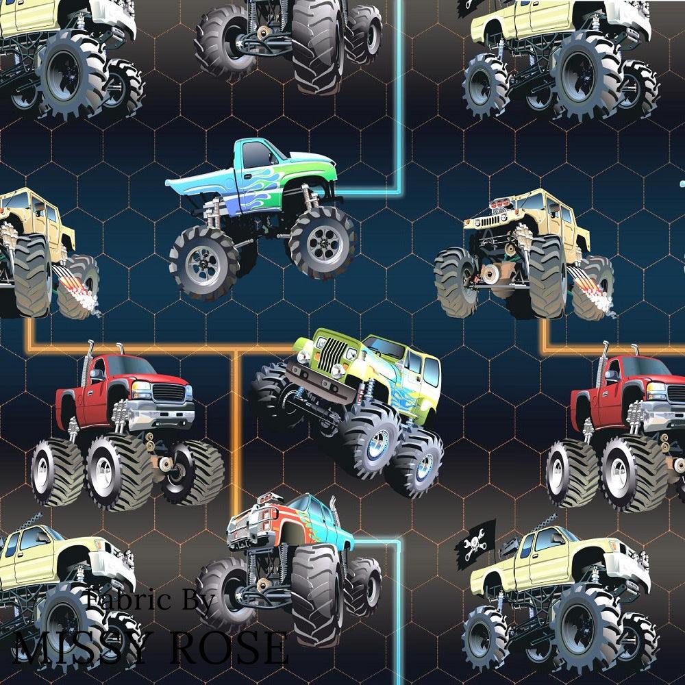 Design 490 Navy Monster Truck Fabric – premium custom printed fabric for sewing | Fabric by Missy Rose