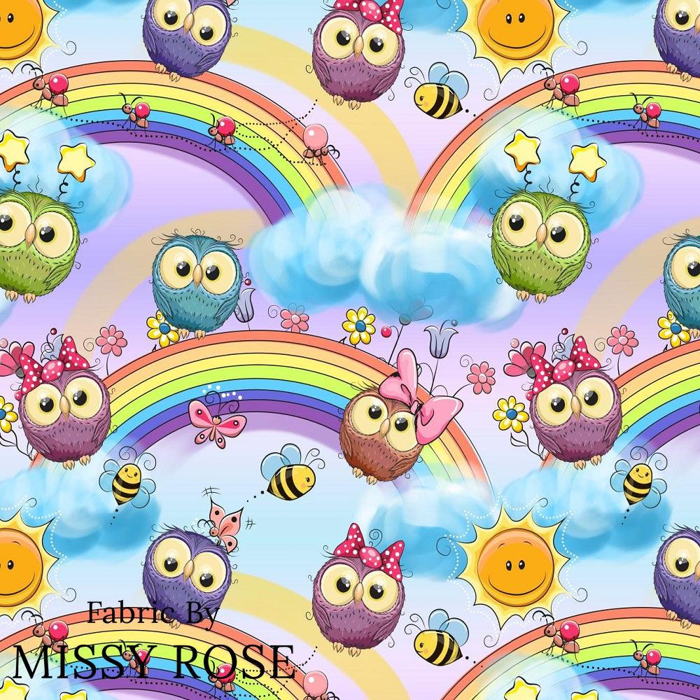 Design 521 Rainbow Owls Fabric – premium custom printed fabric for sewing | Fabric by Missy Rose