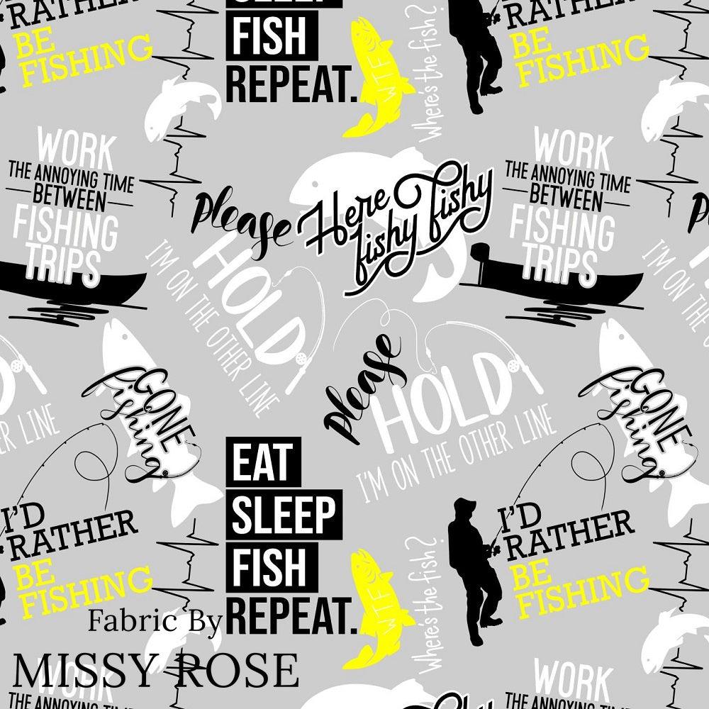 Design 551 Grey Fishing Fabric – custom printed pre-order fabric Australia | Fabric by Missy Rose