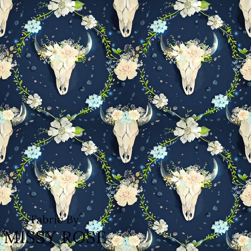 Design 580 Navy Floral Bull Skull Fabric – premium custom printed fabric for sewing | Fabric by Missy Rose
