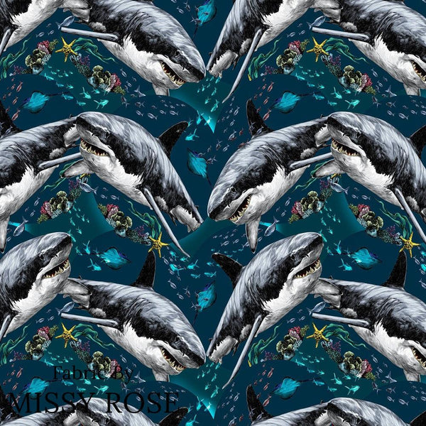 Design 624 - Shark Fabric | Blue Great White Sharks Print | Missy Rose