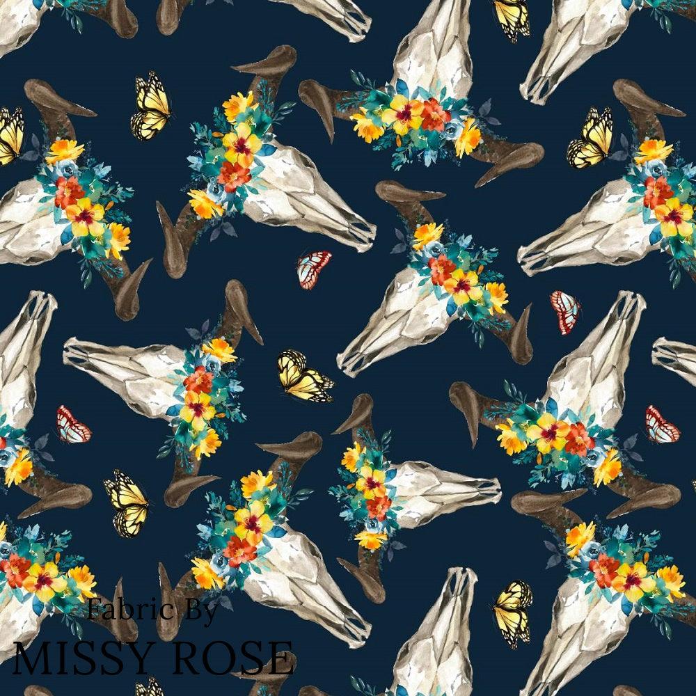 Design 811 Navy Cow Skull Fabric – made-to-order custom fabric by the metre | Fabric by Missy Rose