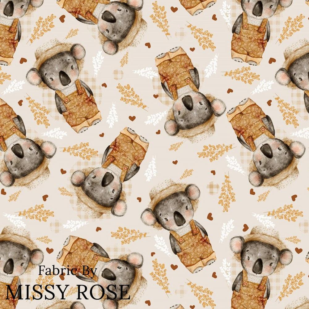 Design 813 Farmer Koala Fabric – custom printed pre-order fabric Australia | Fabric by Missy Rose