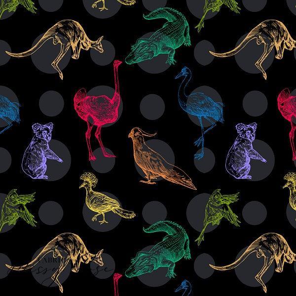 Unlimited Rainbow Black Australian Animals Fabric – made-to-order custom fabric by the metre | Fabric by Missy Rose