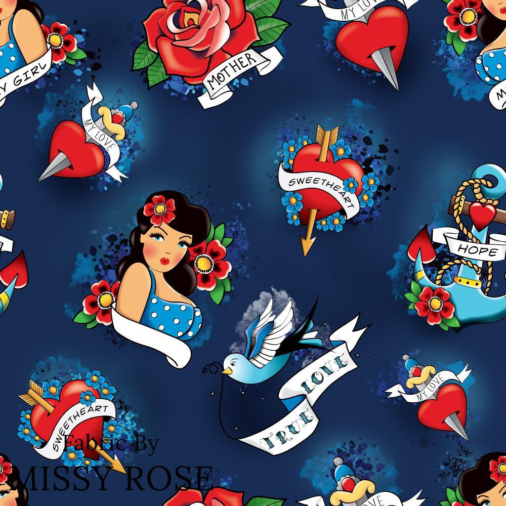 Design 90 Navy Tattoo Fabric – made-to-order custom fabric by the metre | Fabric by Missy Rose