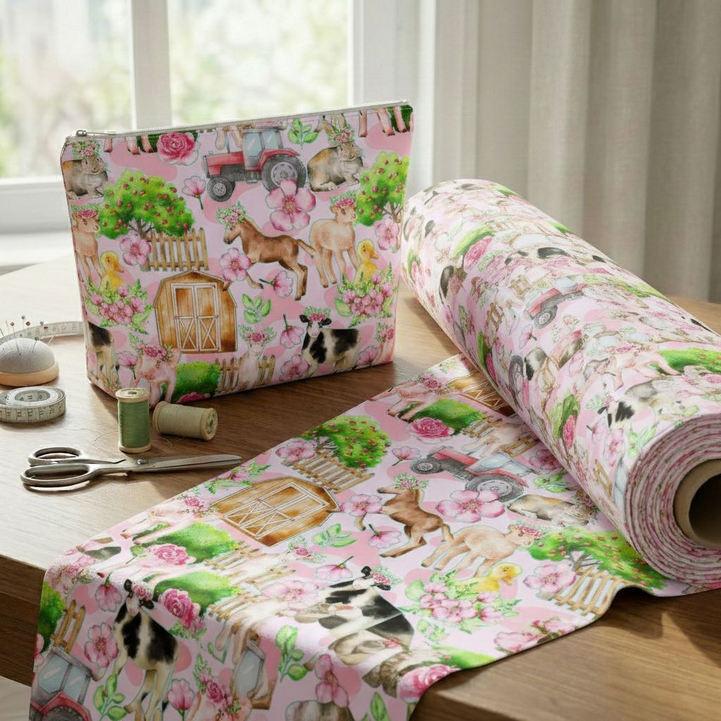 Design 3 Pink Farm Fabric – custom printed pre-order fabric Australia | Fabric by Missy Rose