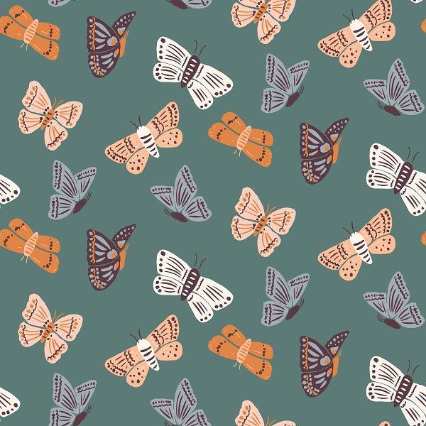 Indy Bloom Fabric Ember Fall Moths In Green 04 – custom printed pre-order fabric Australia | Fabric by Missy Rose