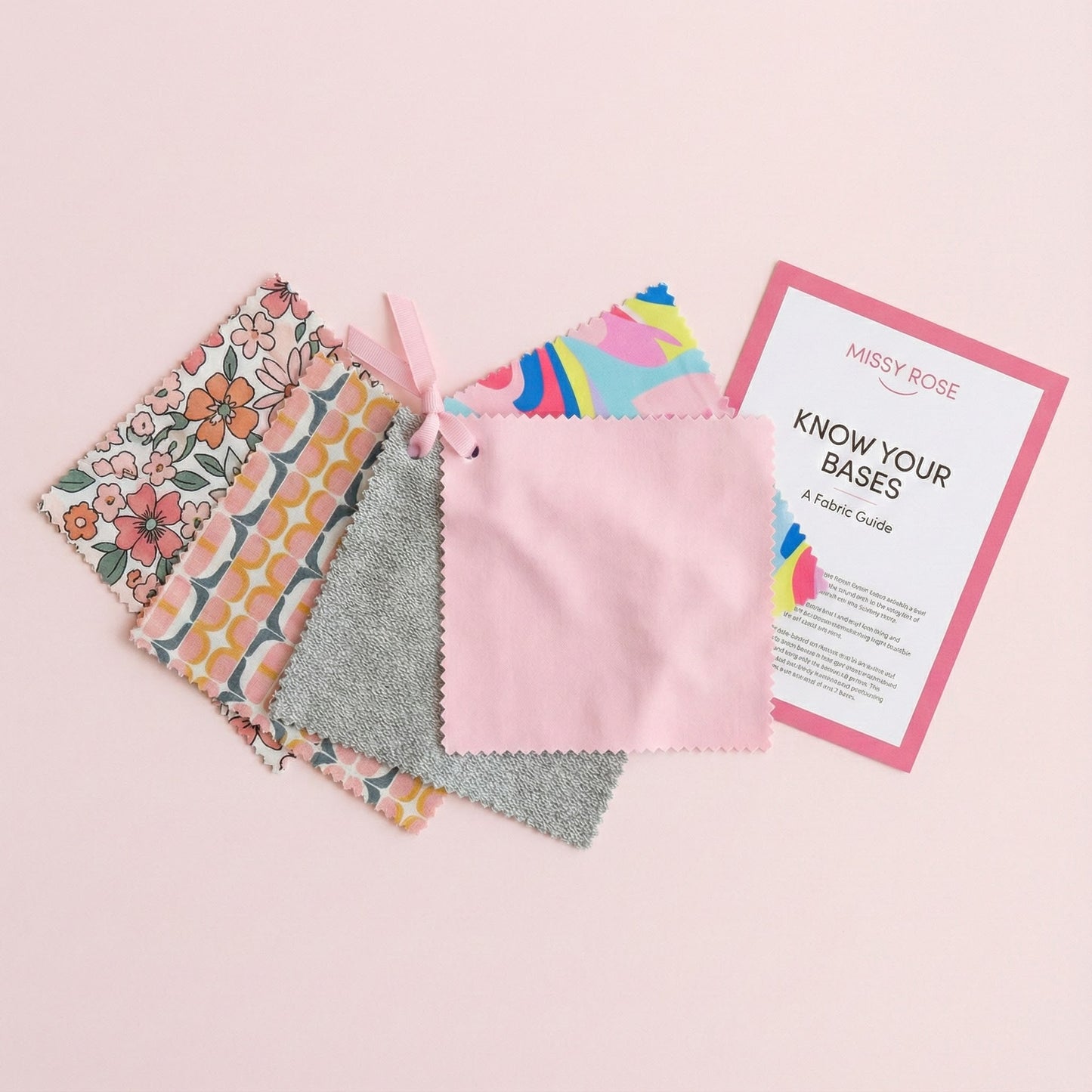 Missy Rose fabric sample pack showing cotton lycra, bamboo, and french terry swatches with fabric guide card