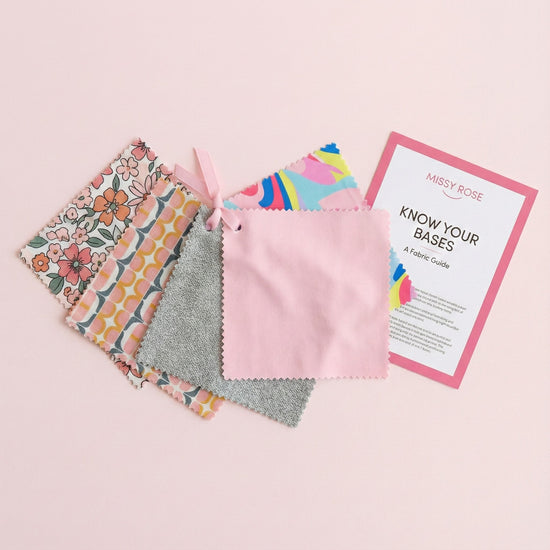 Missy Rose fabric sample pack showing cotton lycra, bamboo, and french terry swatches with fabric guide card