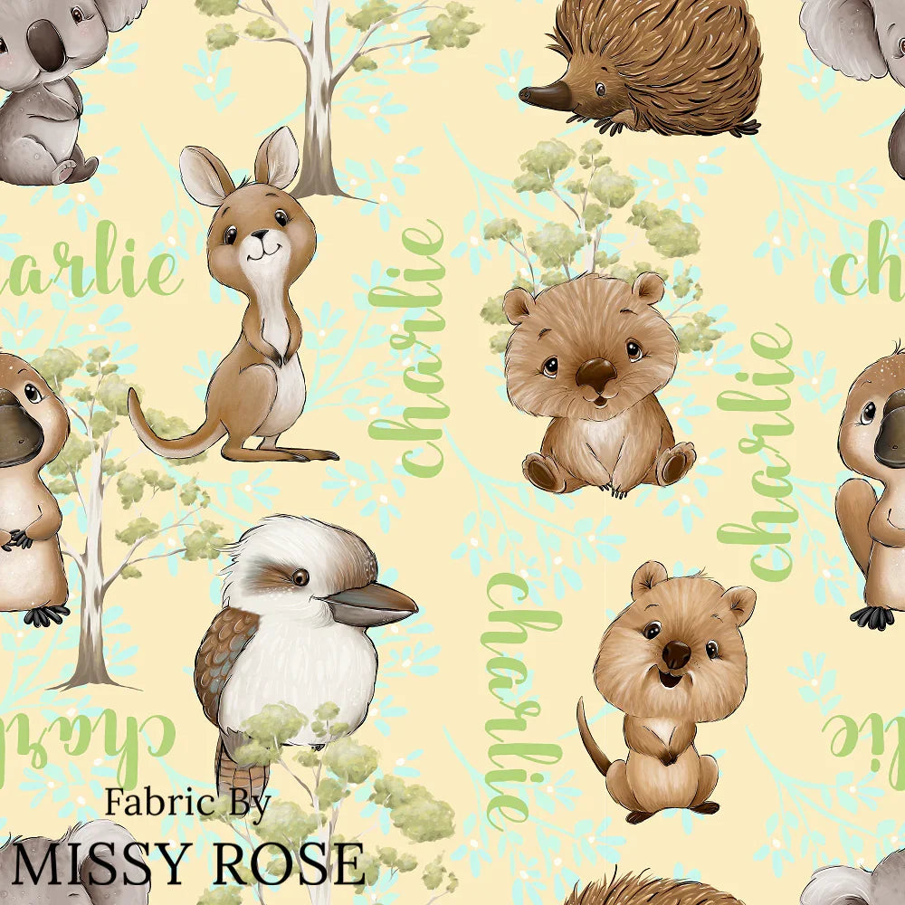 Customisable Name Fabric Aussie Animals – custom printed pre-order fabric Australia | Fabric by Missy Rose