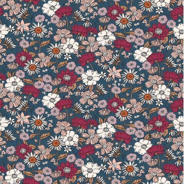 Indy Bloom Fabric Scarlet Autumn Midnight Blue 03 – made-to-order custom fabric by the metre | Fabric by Missy Rose