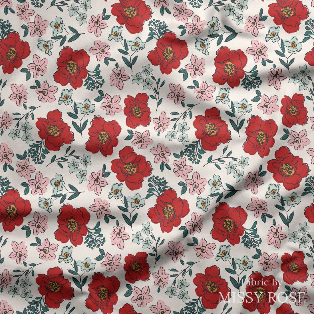 Indy Bloom Fabric Bee My Valentine Sweet Pea Red 02 draped fabric mockup - custom printed fabric by the metre | Fabric by Missy Rose