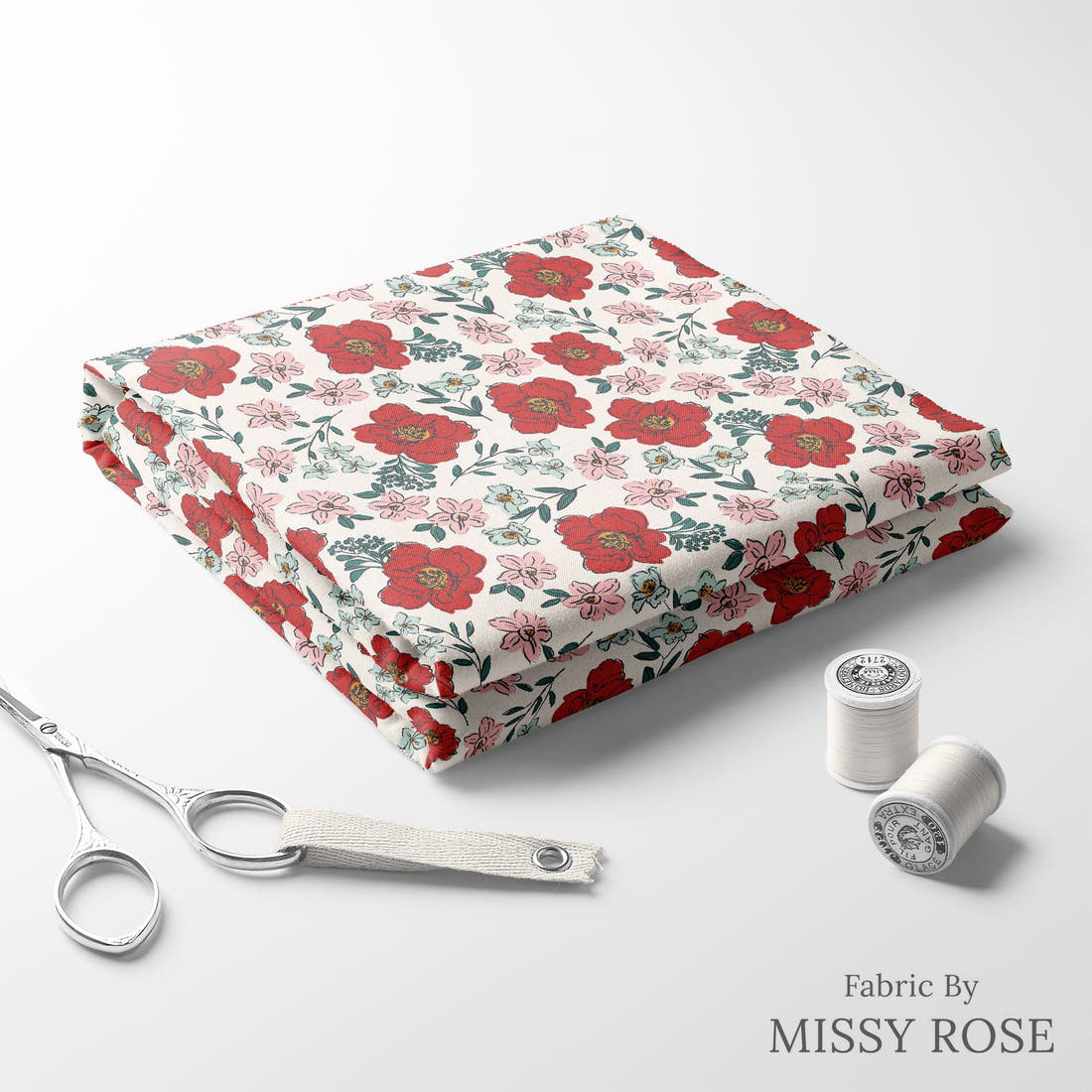 Indy Bloom Fabric Bee My Valentine Sweet Pea Red 02 folded fabric stack with matching thread - pre-order fabric Australia | Fabric by Missy Rose