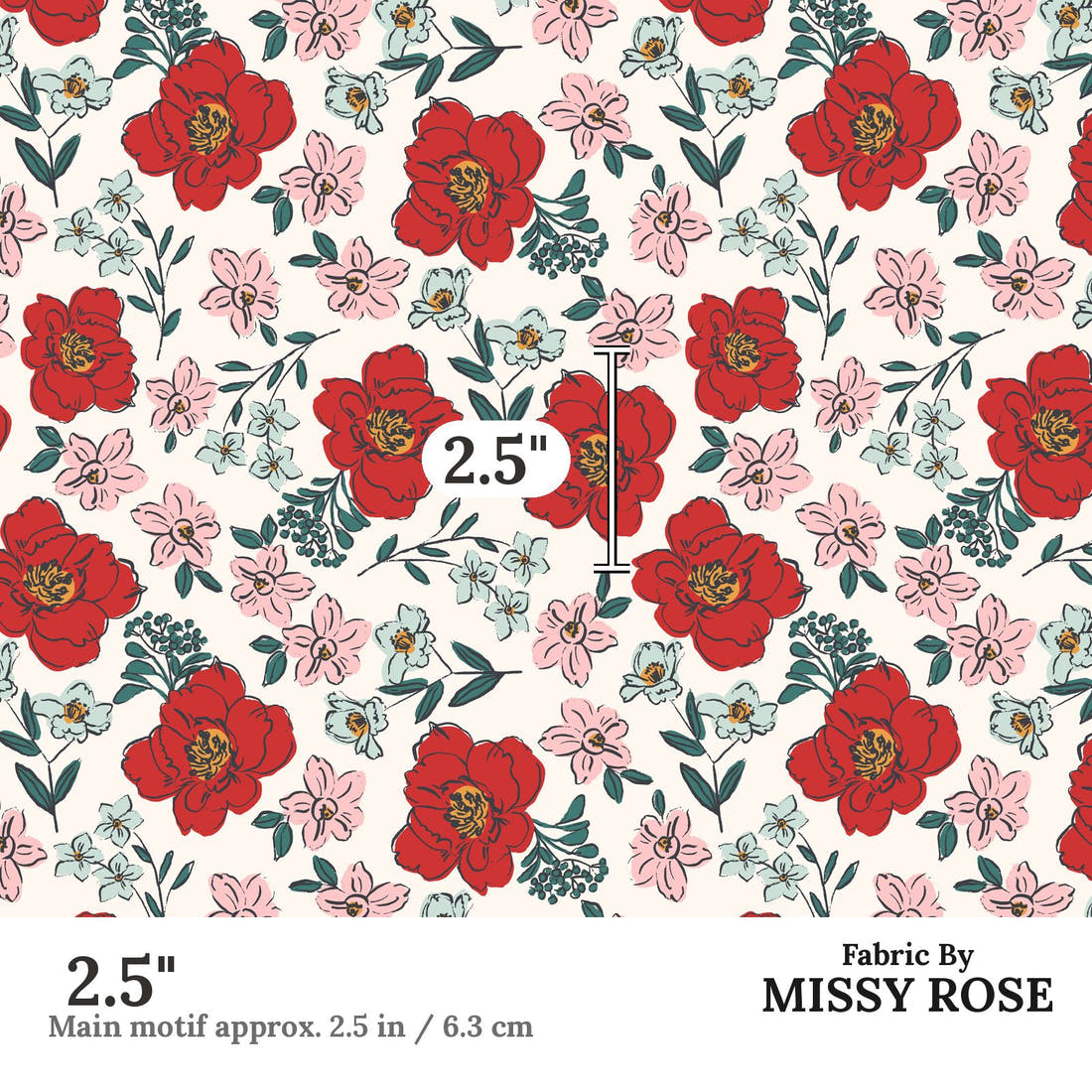 Indy Bloom Fabric Bee My Valentine Sweet Pea Red 02 2.5 inch print scale guide | Fabric by Missy Rose