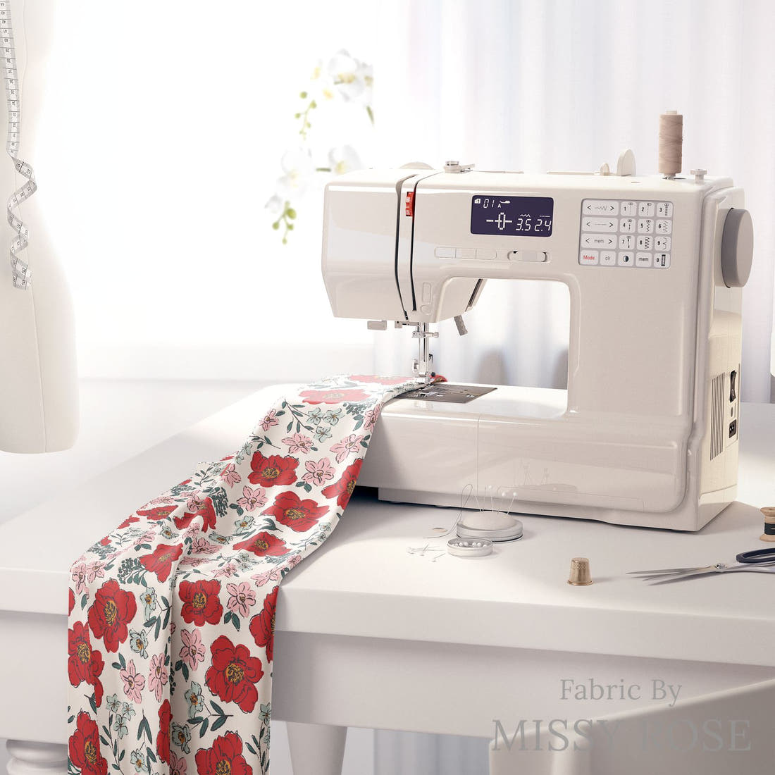 Indy Bloom Fabric Bee My Valentine Sweet Pea Red 02 fabric on a sewing machine - sew your own | Fabric by Missy Rose