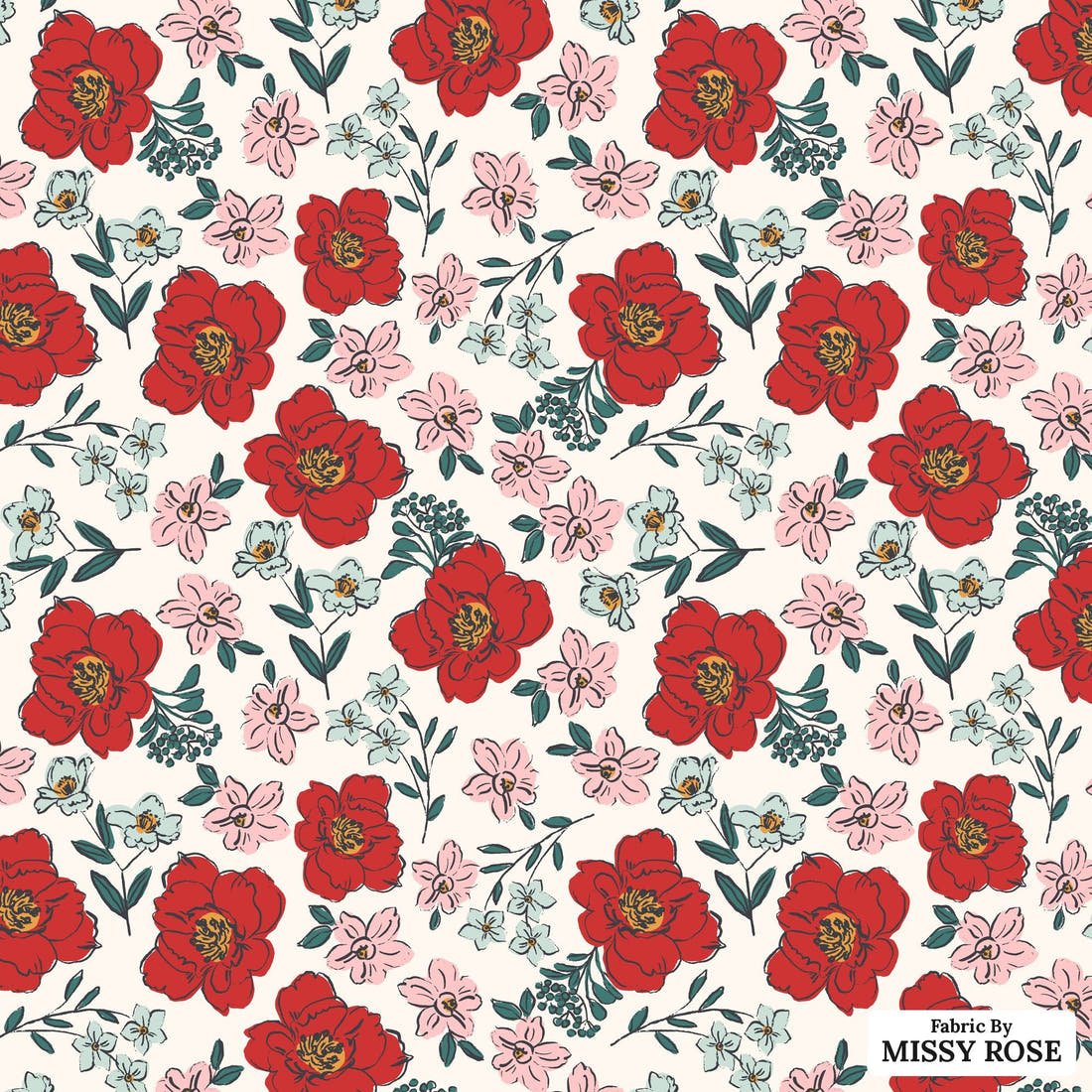Indy Bloom Fabric Bee My Valentine Sweet Pea Red 02 flat view of the printed design | Fabric by Missy Rose