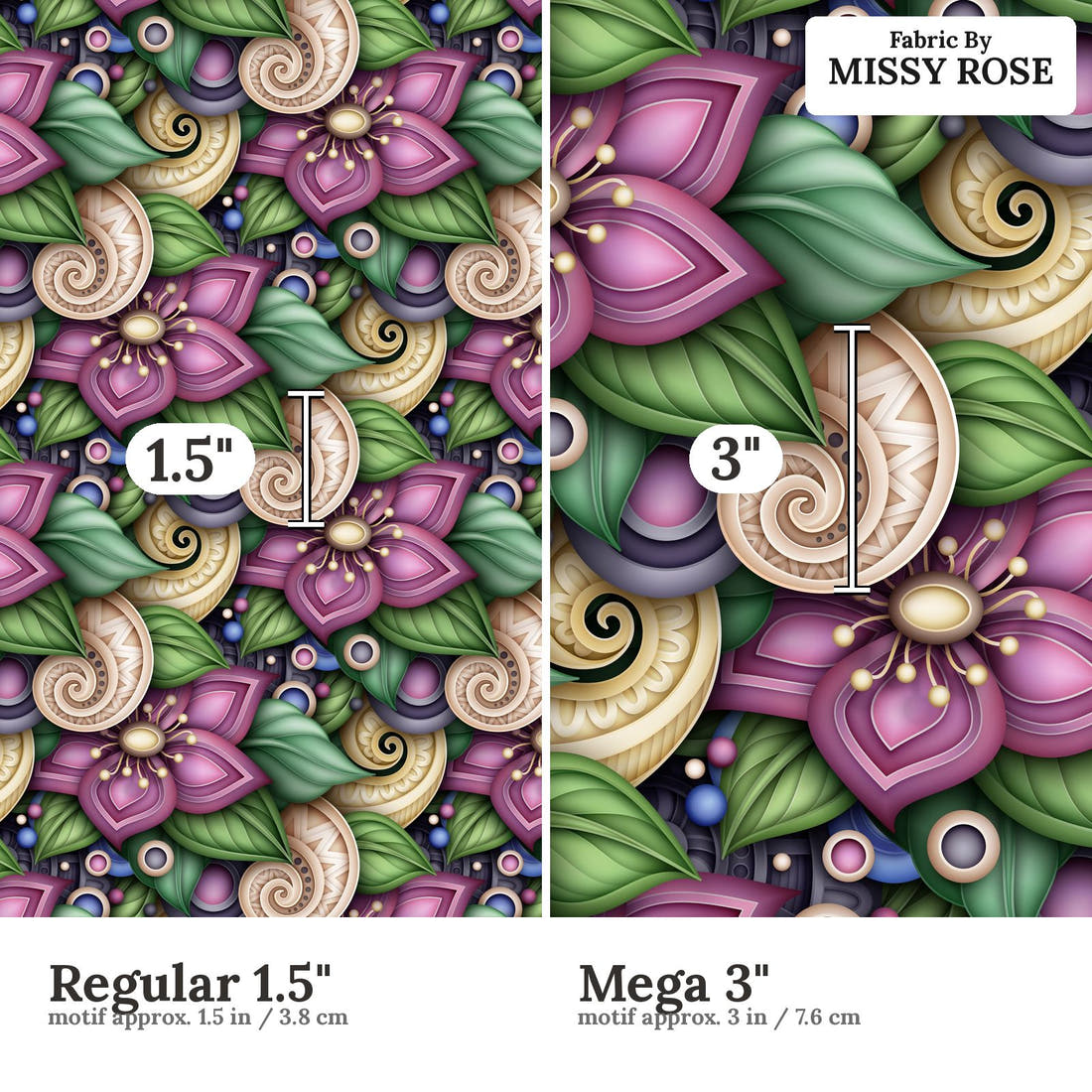 Countdown Collection 252 Regular 1.5 inch vs Mega 3 inch print scale side by side | Fabric by Missy Rose