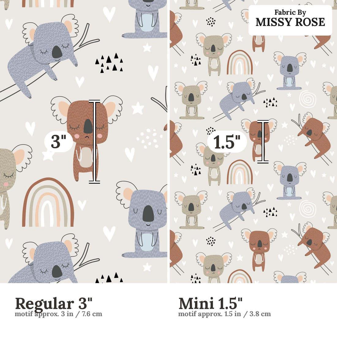Countdown Collection 254 Regular 3 inch vs Mini 1.5 inch print scale side by side | Fabric by Missy Rose