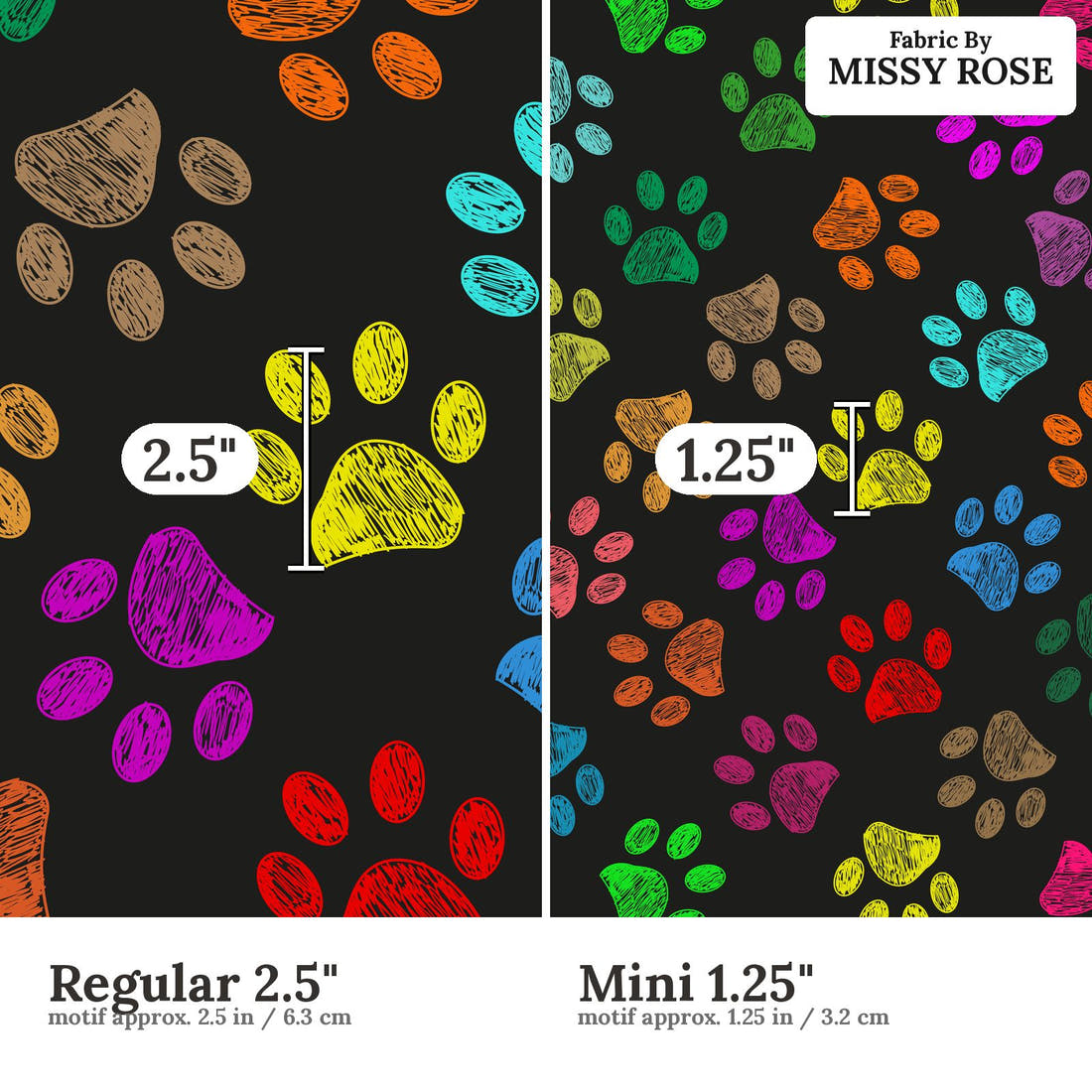 Countdown Collection 258 Regular 2.5 inch vs Mini 1.25 inch print scale side by side | Fabric by Missy Rose