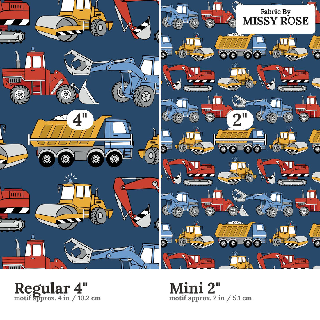 Countdown Collection 262 Regular 4 inch vs Mini 2 inch print scale side by side | Fabric by Missy Rose