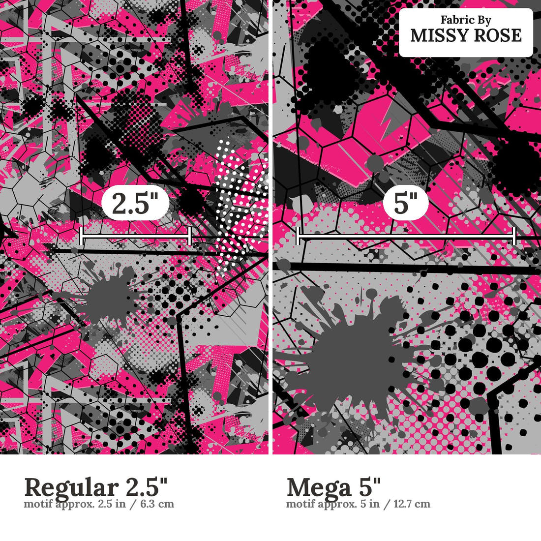 Countdown Collection 265 Regular 2.5 inch vs Mega 5 inch print scale side by side | Fabric by Missy Rose
