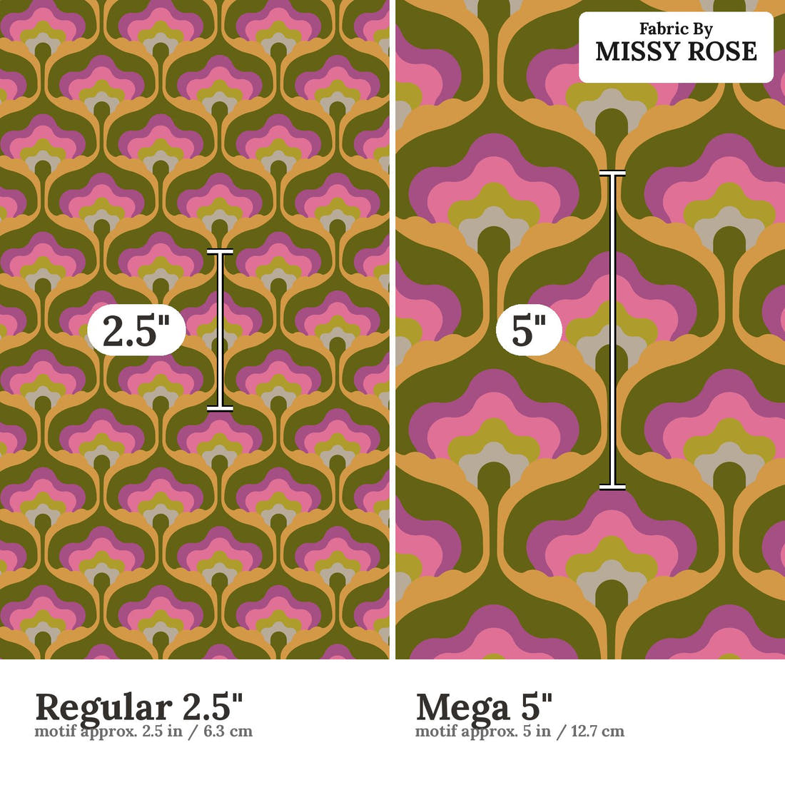 Countdown Collection 267 Regular 2.5 inch vs Mega 5 inch print scale side by side | Fabric by Missy Rose